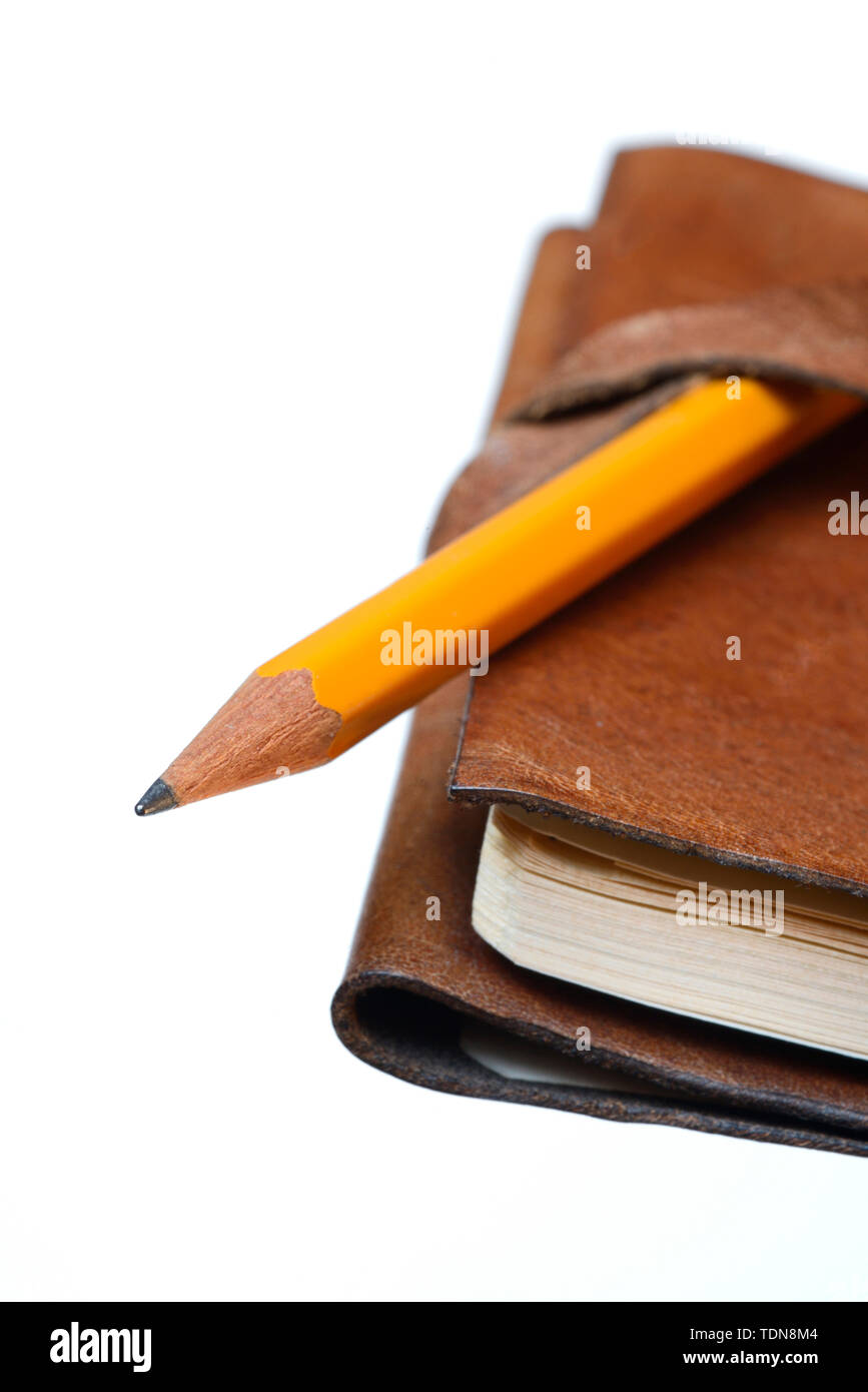 Bleistift mit Notizbuch, Tagebuch, Reisetagebuch Stockfoto