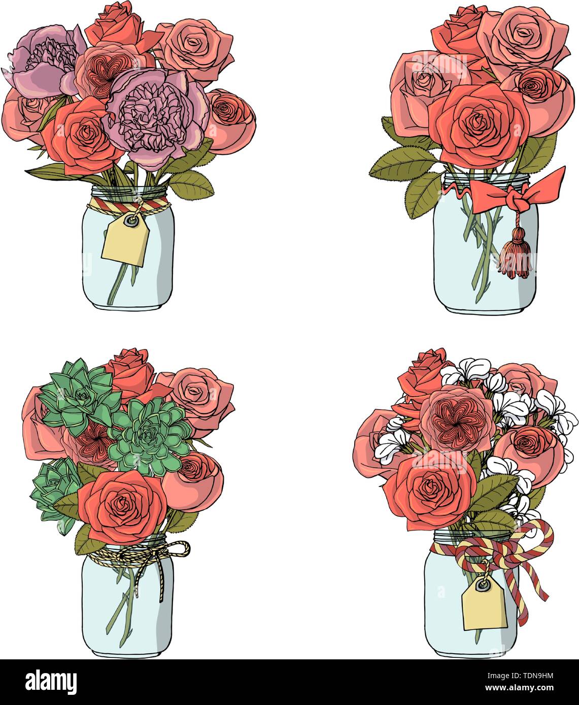Hand gezeichnet Doodle style Bouquets verschiedener Blumen: Rosen, Blume, Pfingstrose, Sukkulenten. auf weißem Hintergrund. Vektor illustration Stock Vektor