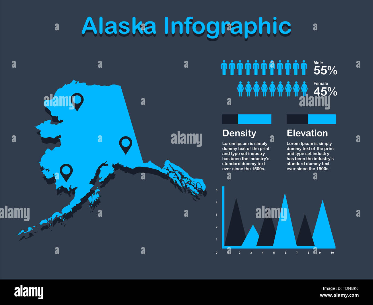Alaska State (USA) Karte mit Infografik Elemente in blauer Farbe in dunklen Hintergrund. Moderne grafische Element für Ihre Konstruktion. Stockfoto
