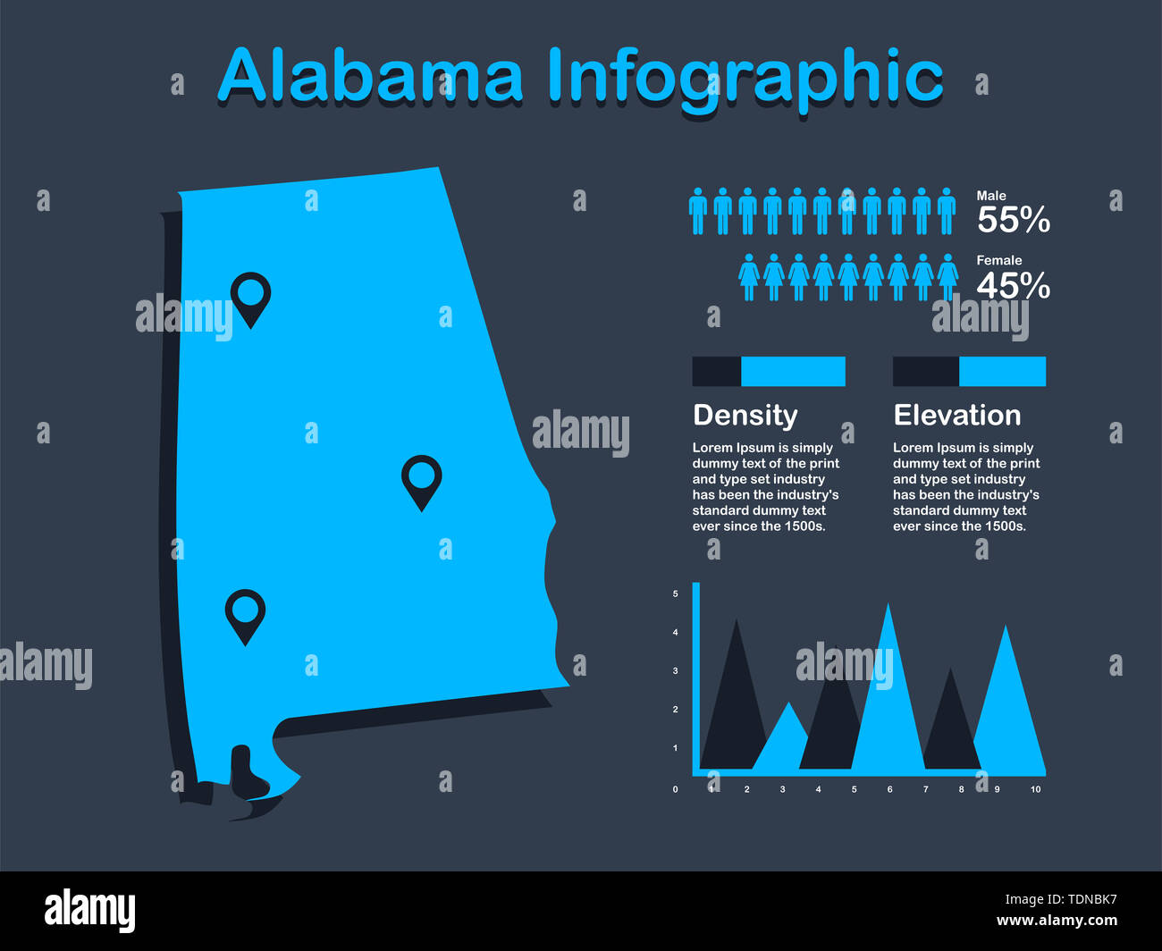Alabama State (USA) Karte mit Infografik Elemente in blauer Farbe in dunklen Hintergrund. Moderne grafische Element für Ihre Konstruktion. Stockfoto