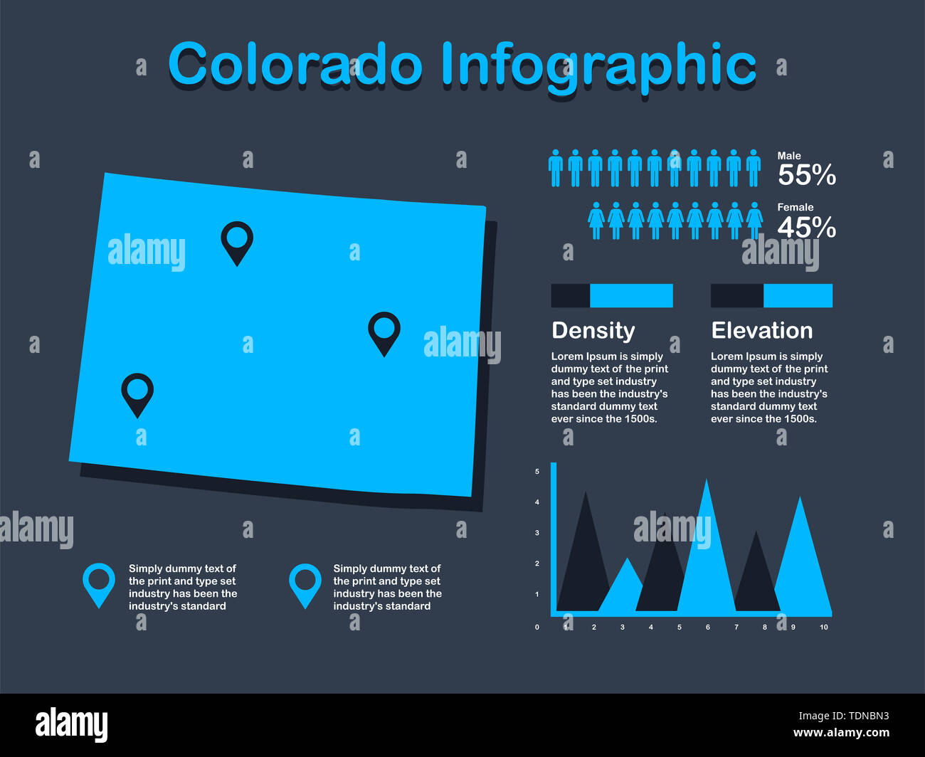 Colorado State (USA) Karte mit Infografik Elemente in blauer Farbe in dunklen Hintergrund. Moderne grafische Element für Ihre Konstruktion. Stockfoto