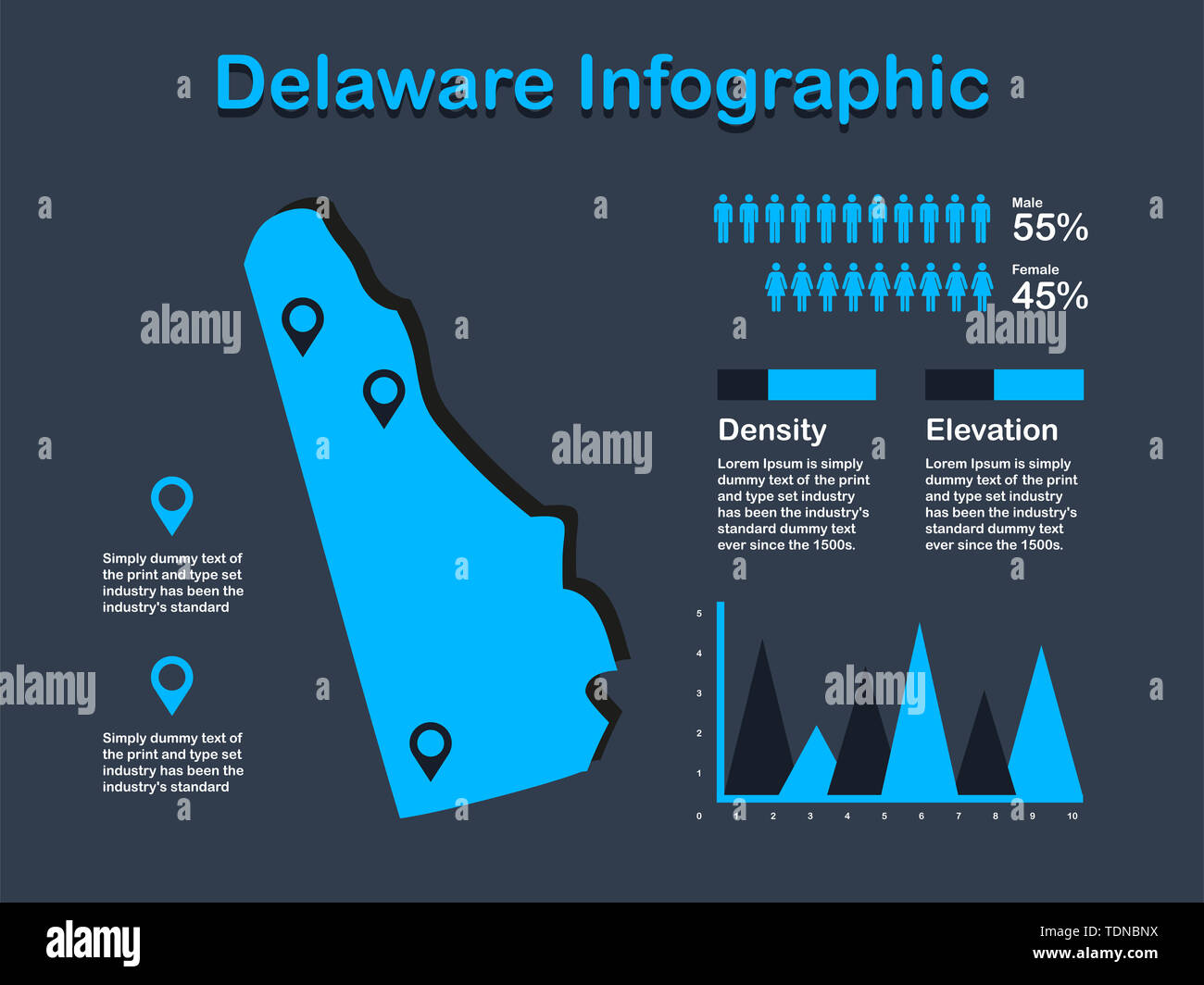 Delaware State (USA) Karte mit Infografik Elemente in blauer Farbe in dunklen Hintergrund. Moderne grafische Element für Ihre Konstruktion. Stockfoto