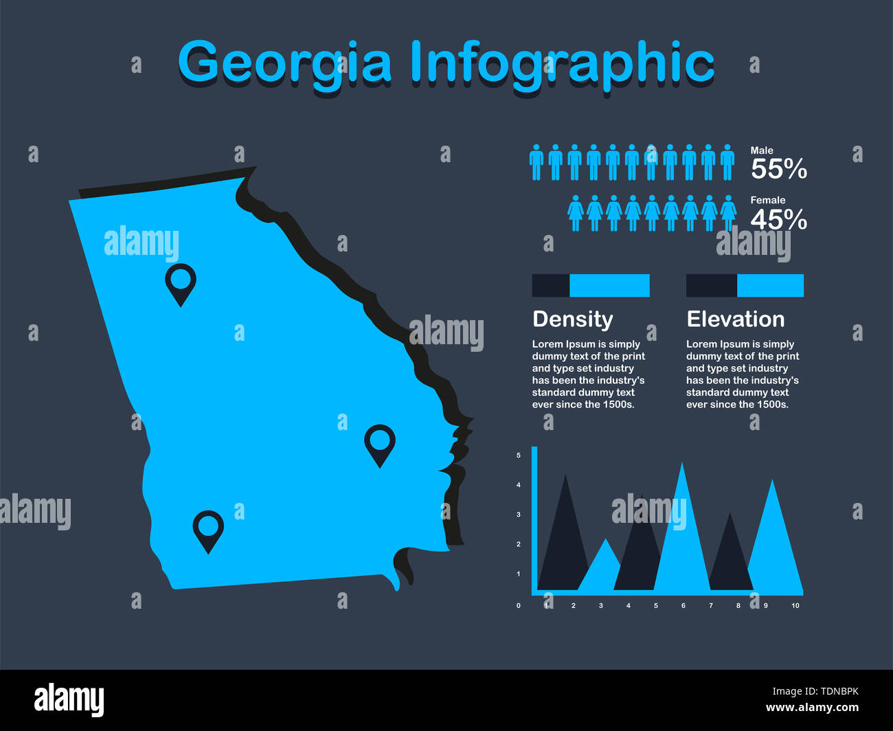 Georgia State (USA) Karte mit Infografik Elemente in blauer Farbe in dunklen Hintergrund. Moderne grafische Element für Ihre Konstruktion. Stockfoto