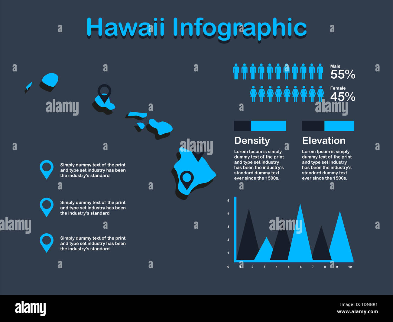 Hawaii State (USA) Karte mit Infografik Elemente in blauer Farbe in dunklen Hintergrund. Moderne grafische Element für Ihre Konstruktion. Stockfoto
