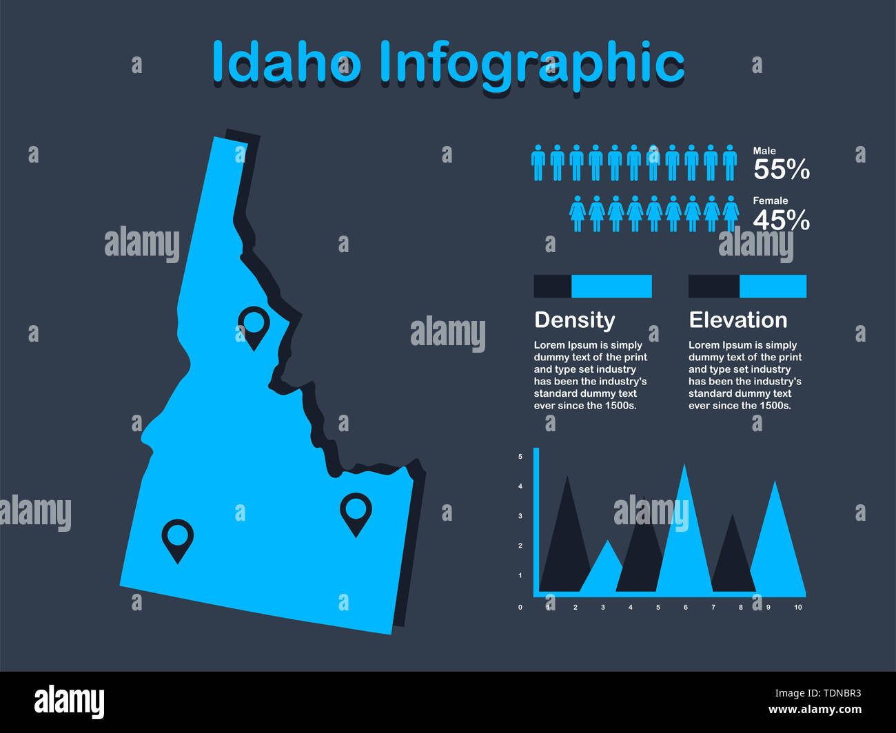 Idaho State (USA) Karte mit Infografik Elemente in blauer Farbe in dunklen Hintergrund. Moderne grafische Element für Ihre Konstruktion. Stockfoto