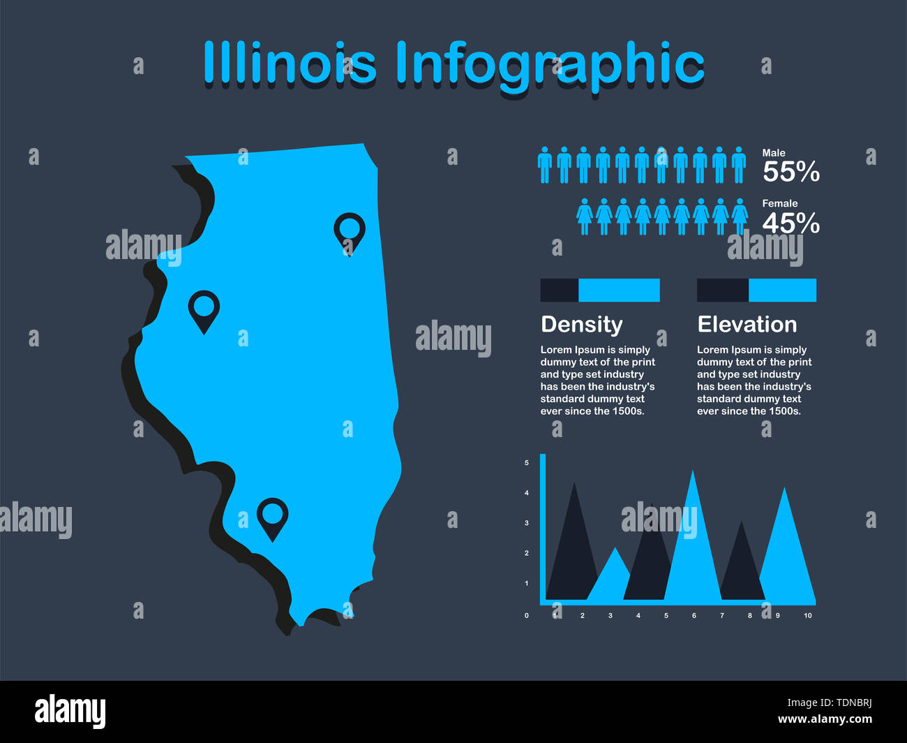 Illinois State (USA) Karte mit Infografik Elemente in blauer Farbe in dunklen Hintergrund. Moderne grafische Element für Ihre Konstruktion. Stockfoto