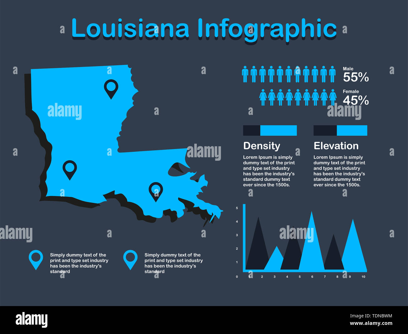 Louisiana State (USA) Karte mit Infografik Elemente in blauer Farbe in dunklen Hintergrund. Moderne grafische Element für Ihre Konstruktion. Stockfoto