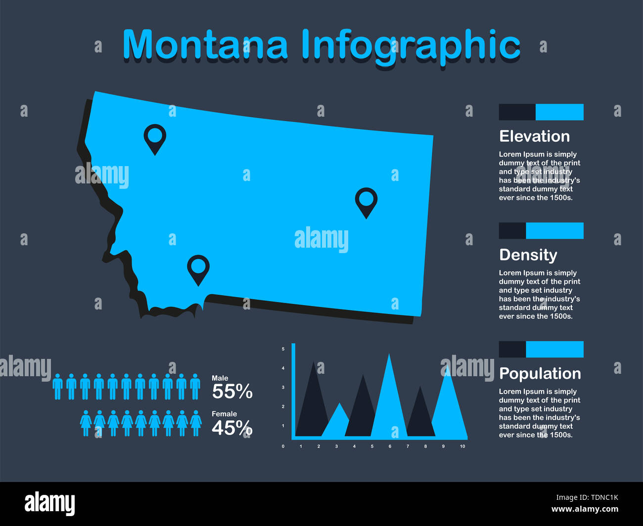 Montana State (USA) Karte mit Infografik Elemente in blauer Farbe in dunklen Hintergrund. Moderne grafische Element für Ihre Konstruktion. Stockfoto