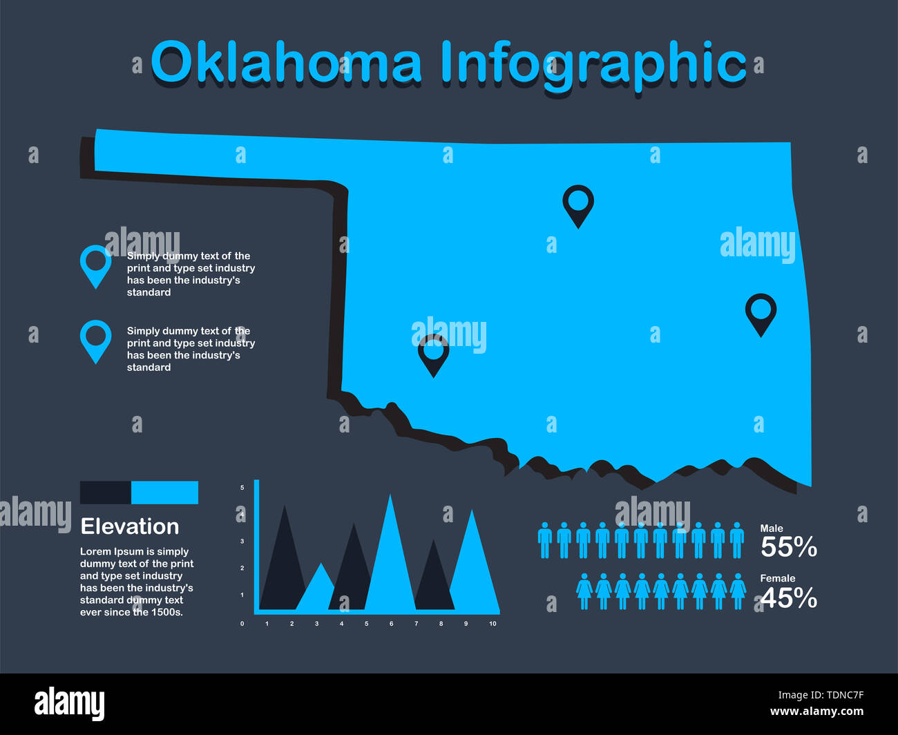 Oklahoma State (USA) Karte mit Infografik Elemente in blauer Farbe in dunklen Hintergrund. Moderne grafische Element für Ihre Konstruktion. Stockfoto