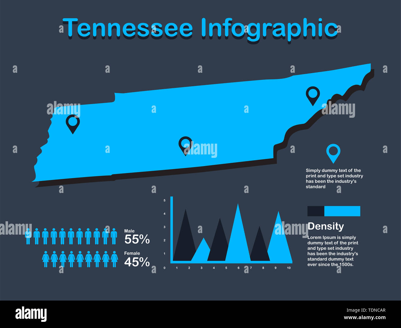 Tennessee State (USA) Karte mit Infografik Elemente in blauer Farbe in dunklen Hintergrund. Moderne grafische Element für Ihre Konstruktion. Stockfoto