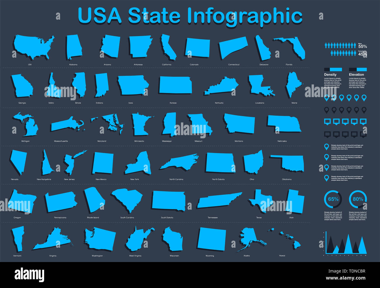 USA Alle staatlichen Karte mit Infografik Elemente in blauer Farbe in dunklen Hintergrund. Moderne grafische Element für Ihre Konstruktion. Stockfoto