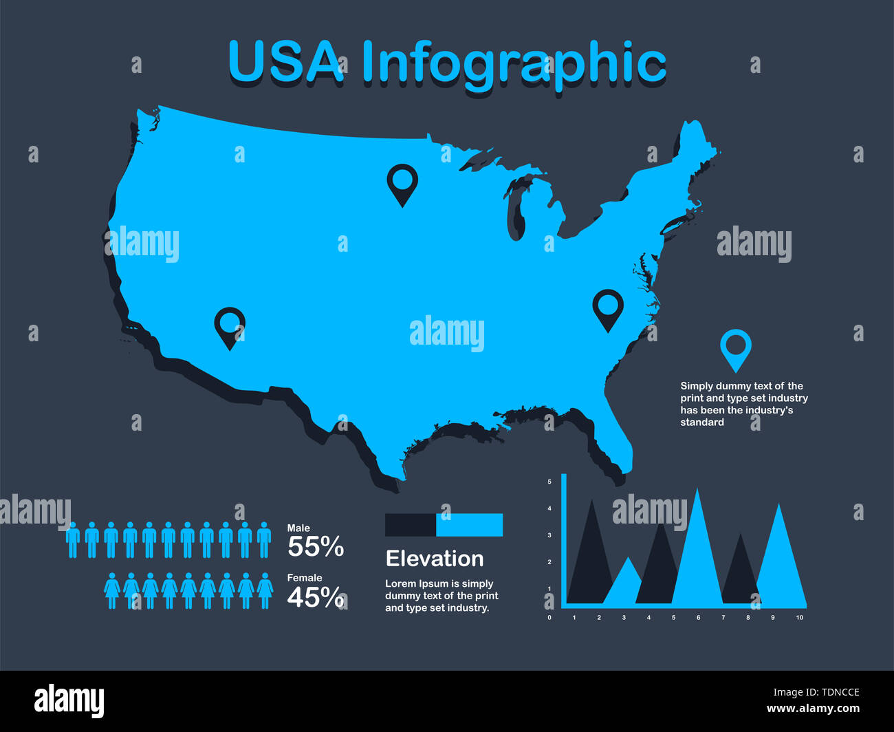 Vereinigte Staaten von Amerika Karte mit Infografik Elemente in blauer Farbe in dunklen Hintergrund. Moderne grafische Element für Ihre Konstruktion. Stockfoto
