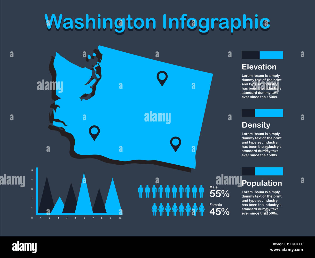 Washington State (USA) Karte mit Infografik Elemente in blauer Farbe in dunklen Hintergrund. Moderne grafische Element für Ihre Konstruktion. Stockfoto