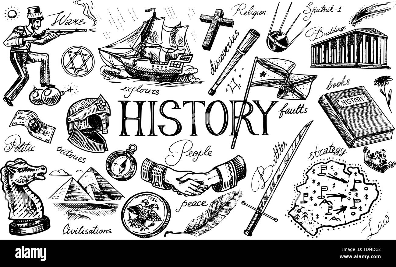 Die Geschichte der Menschen, Bildung und Wissenschaft, Religion und Reisen, Entdeckungen und alte Symbole. Retro Schiff, Schach und Handshake, Krieger und Stock Vektor