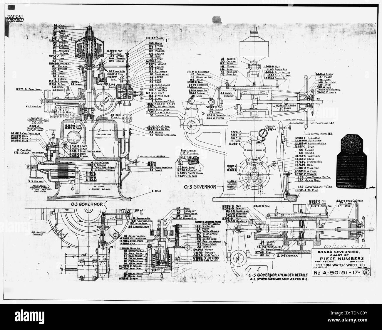 Fotokopie des microfiched Bau Zeichnung von Pelton Wasser Rad Company, San Francisco, Kalifornien, vom 6-24-31. (Microfiched Zeichnung an der Denver Service Center, -104-60154 - 4 von 18) 0-3 und 0-5 Gouverneure, DIAGRAMM DER STÜCKZAHLEN - Yosemite Wasserkraftwerk, Highways 120 und 140, Yosemite Village, Mariposa County, CA Stockfoto