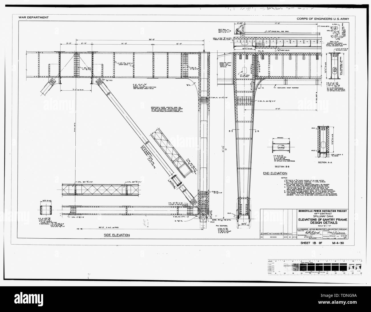 Kopie der ursprünglichen Konstruktion Zeichnung, 20. März 1935. (Original drucken, die sich im Besitz der US-Armee Korps der Ingenieure, Portland Bezirk Portland, OR.) (M -4-30, Blatt Nr. 18) ABFLUSSKANAL DAM ERHÖHUNGEN DER GANTRY FRAME DESIGN DETAILS. - Bonneville, Bonneville Dam, Columbia River, Bonneville, Multnomah County, ODER Stockfoto