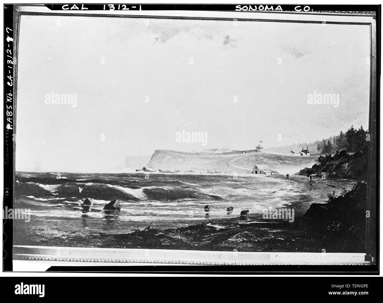 Fotokopie der Malerei (von der California State Library, Sacramento, G.J. Denny, Künstler, 1870) Fotograf unbekannt, Datum unbekannt ALLGEMEINE ANSICHT VON FORT AUS DER DISTANZ, 1870 - Fort Ross, Fort Ross, Sonoma County, CA Stockfoto