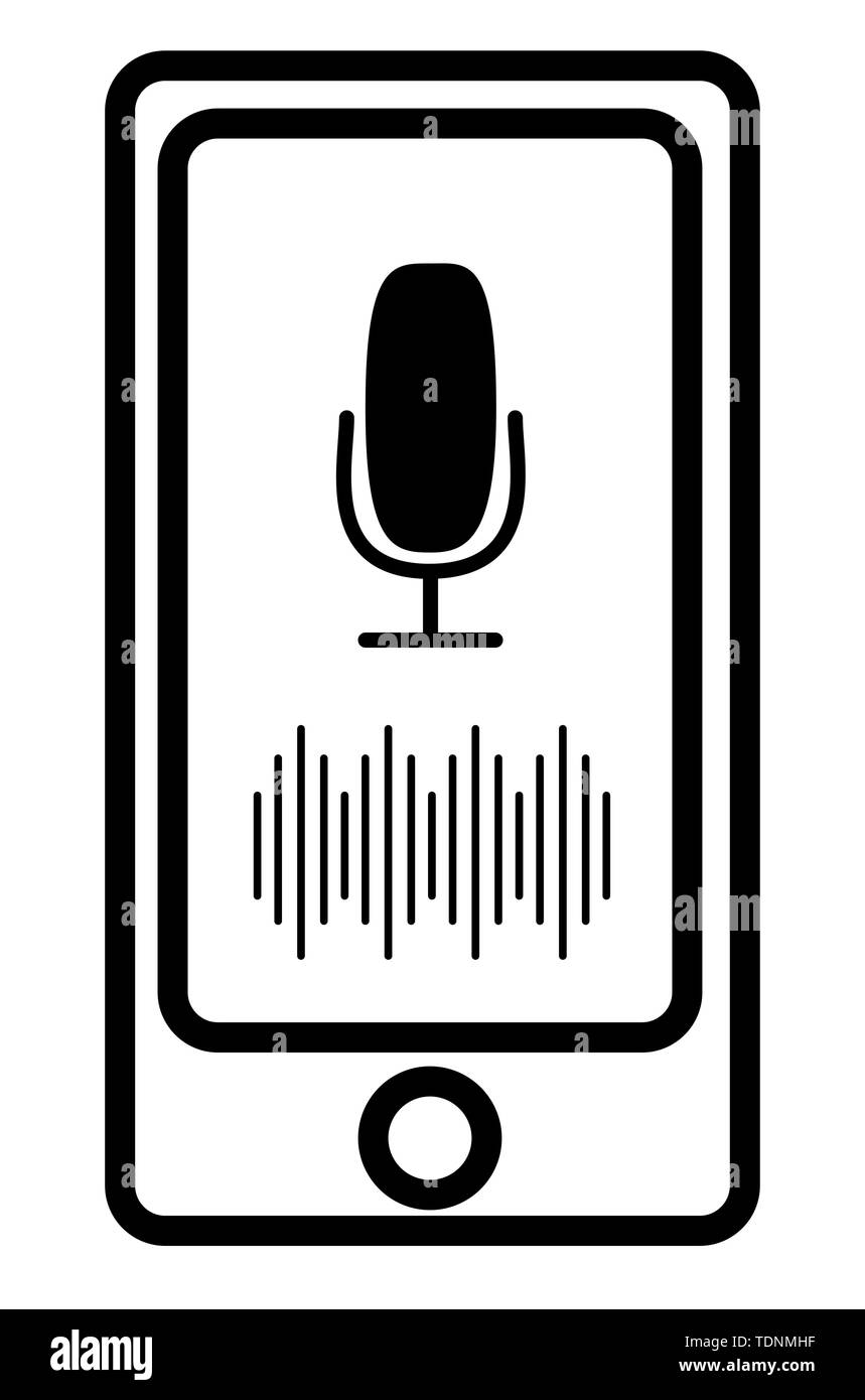 Mit Voice Assistant Smartphone. Mikrofontaste mit heller Stimme und Klang imitation Linien Stock Vektor