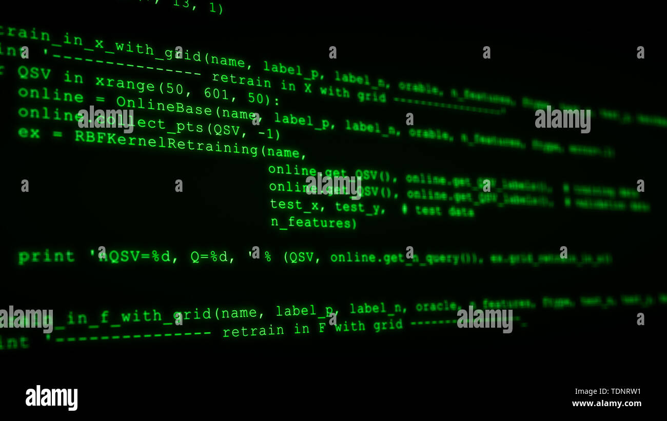 3D-Hacking code data flow Stream auf Grün. Bildschirm mit der Eingabe Codierung Symbole Stockfoto