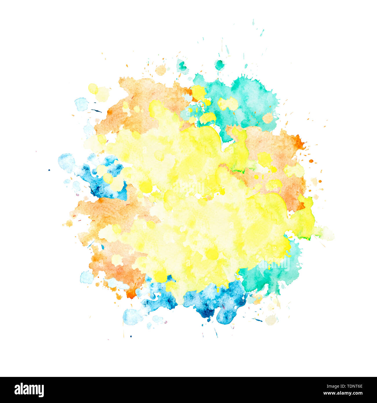 Multicolor aquarell Fleck, runde Form. Isolierten Ort auf weißem Hintergrund. Gelbe, orange, grüne und blaue Flecken von Hand gezeichnet. Stockfoto