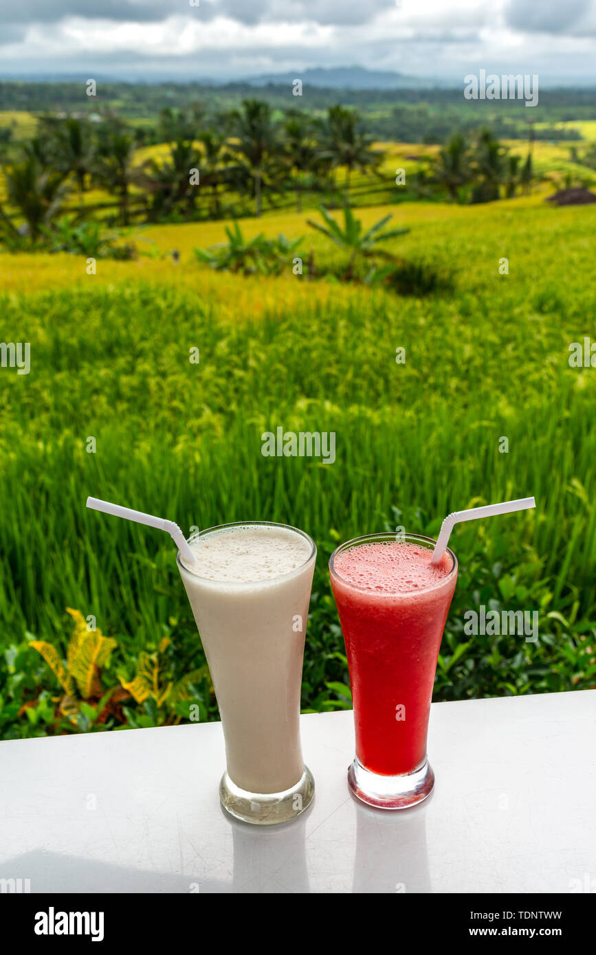 Kalt und frische Wassermelone und Milchshakes Smoothies auf die reisterrassen Feld Hintergrund Stockfoto