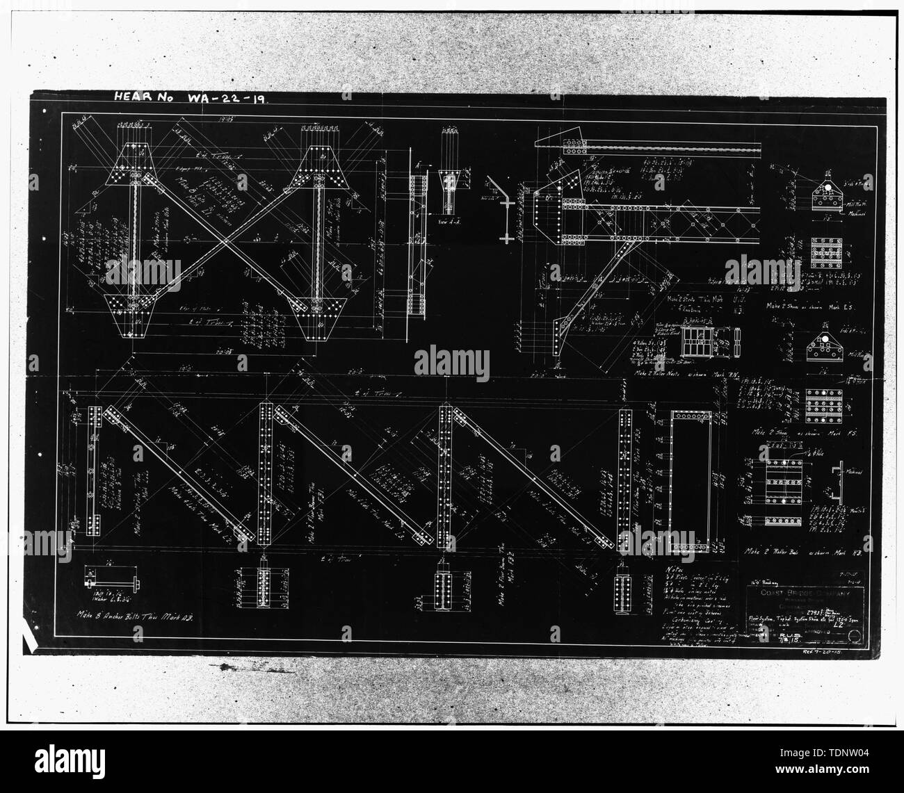 Fotokopie des Blueprint (ursprüngliche Blaupause in Grays Harbor County Bridge Datei Nr. 4731-0,5 KÜSTE'S BRIDGE FIRMA BAU PLAN DER "FLOOR SYSTEMS FÜR 120 "GENIETET SPAN" VOM JULI 1915 - West Wishkah Bridge, West Wishkah Straße Spanning Wishkah Flusses Mittlere Gabel, Aberdeen, Grays Harbor County, WA; Seffield, F D; Küste Brücke Unternehmen Stockfoto