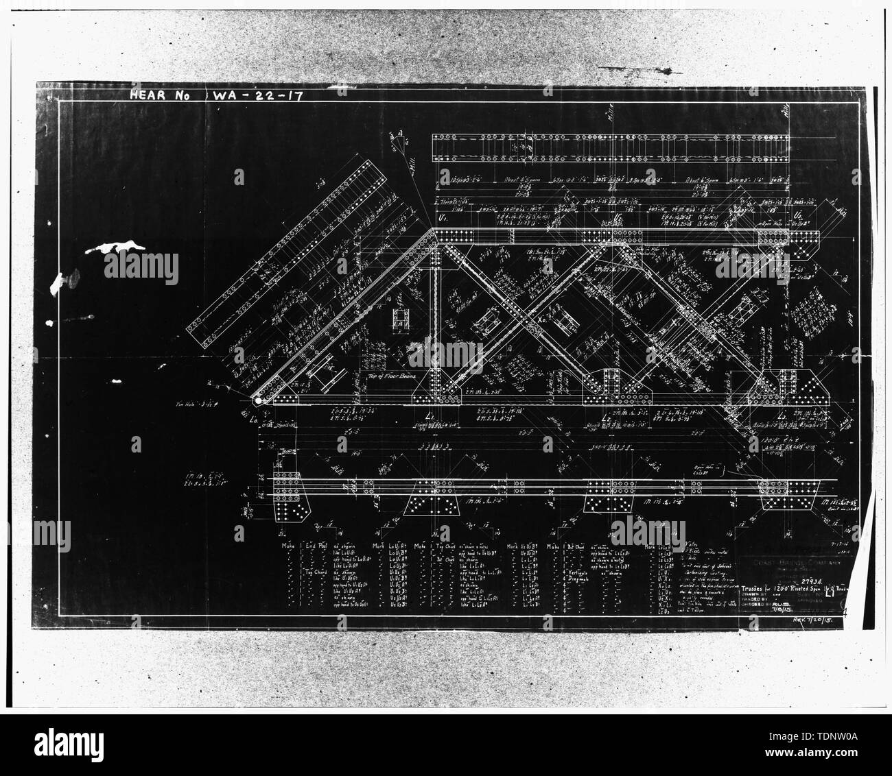 Fotokopie des Blueprint (ursprüngliche Blaupause in Grays Harbor County Bridge Datei Nr. 4731-0,5 KÜSTE'S BRIDGE FIRMA BAU PLAN entfernt von 'TRAVERSEN FÜR 120 "GENIETET SPAN" VOM JULI 1915 - West Wishkah Bridge, West Wishkah Straße Spanning Wishkah Flusses Mittlere Gabel, Aberdeen, Grays Harbor County, WA; Seffield, F D; Küste Brücke Unternehmen Stockfoto