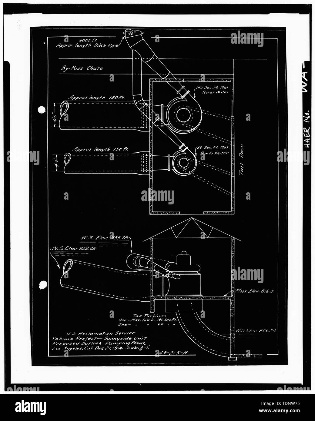 Fotokopie des Historischen Plan. Pumpen (ursprünglicher Plan, USBÜRO der Reklamation, Yakima, WA., 21. Dezember 1914) - Outlook Bewässerung-bezirk, Pumpen Anlagen- und Woodstave Rohr, Hudson Road und Snipes seitliche Straße Nähe, Outlook, Yakima County, WA; Treadwell, H A; Büro der Reklamation; Charles C. Moore Firma; Pacific Tank und Leitung Firma; Yearby, Jean P, Sender; Kukas, Roger, Fotograf; Simmons, Alexi, Historiker Stockfoto