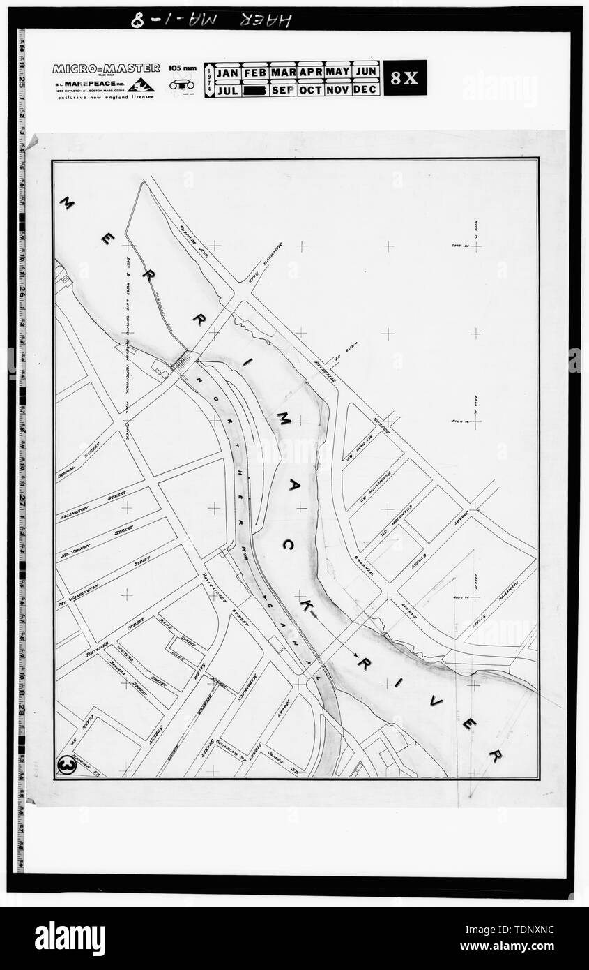 Die fotokopie einer Zeichnung (Original in der Sammlung des PLandC, Regal 159, Zeichnung 3) - Mai 1902 bis Mai 1921 korrigiert - PLAN DES KANALSYSTEMS, die zu den Besitzern der Schleusen und Kanäle - Lowell Kanalsystem, Merrimack und Concord Flüsse, Lowell, Middlesex County, MA; Baldwin, Laommi; Jackson, Patrick Tracy; Francis, James B; Inhaber der Schleusen und Kanäle auf dem Merrimack River; Middlesex Company; Hamilton Manufacturing Company; Merrimack Manufacturing Company; Su Stockfoto