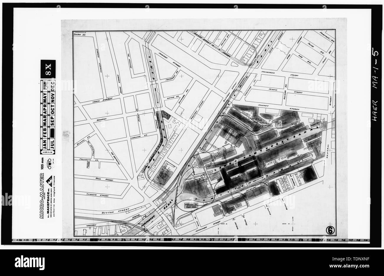 Die fotokopie einer Zeichnung (Original in der Sammlung des PLandC, Regal 159, Zeichnung 6) - Mai 1902 bis Mai 1921 korrigiert - PLAN DES KANALSYSTEMS, die zu den Besitzern der Schleusen und Kanäle - Lowell Kanalsystem, Merrimack und Concord Flüsse, Lowell, Middlesex County, MA; Baldwin, Laommi; Jackson, Patrick Tracy; Francis, James B; Inhaber der Schleusen und Kanäle auf dem Merrimack River; Middlesex Company; Hamilton Manufacturing Company; Merrimack Manufacturing Company; Su Stockfoto