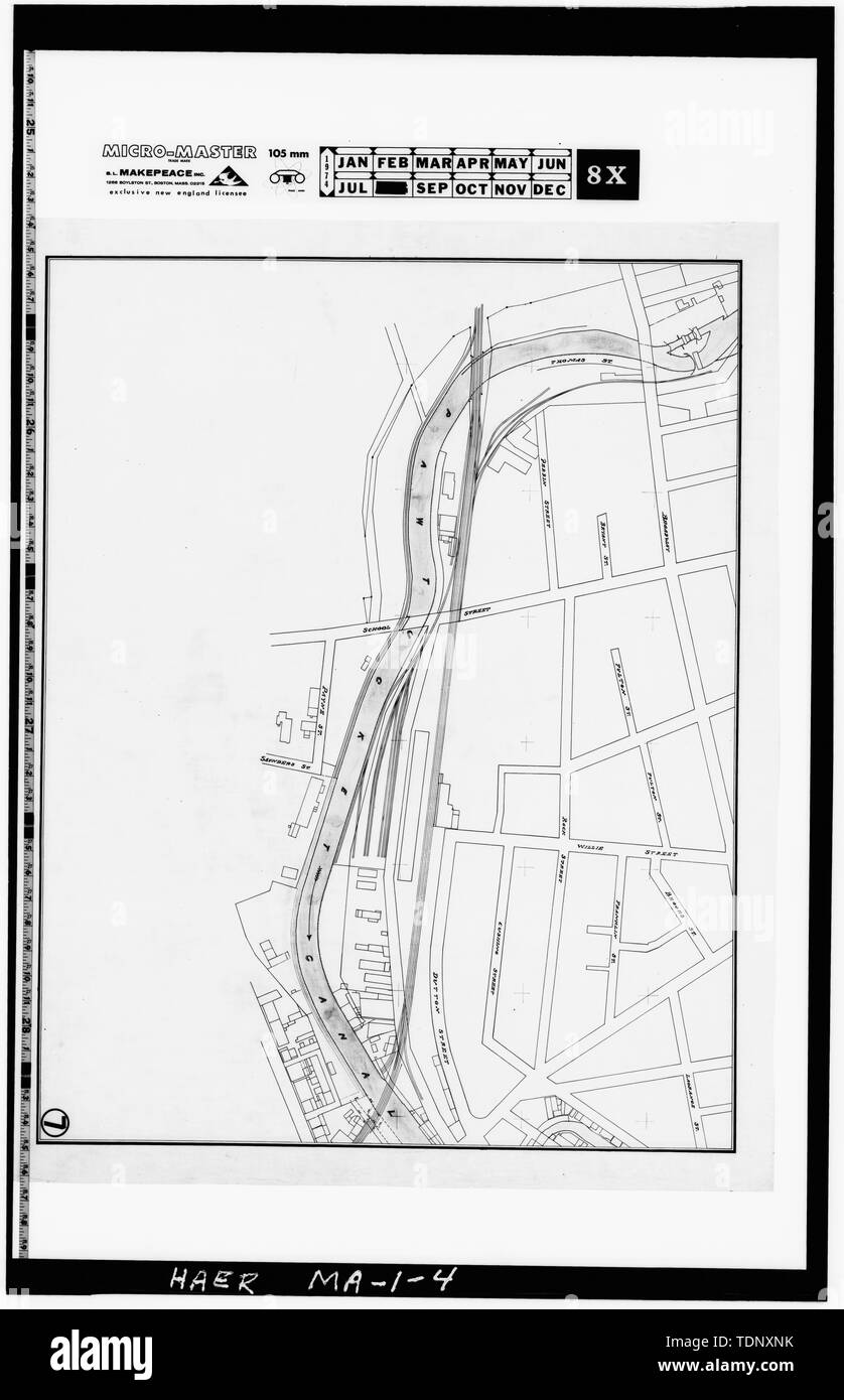 Die fotokopie einer Zeichnung (Original in der Sammlung des PLandC, Regal 159, Zeichnung 7) - Mai 1902 bis Mai 1921 korrigiert - PLAN DES KANALSYSTEMS, die zu den Besitzern der Schleusen und Kanäle - Lowell Kanalsystem, Merrimack und Concord Flüsse, Lowell, Middlesex County, MA; Baldwin, Laommi; Jackson, Patrick Tracy; Francis, James B; Inhaber der Schleusen und Kanäle auf dem Merrimack River; Middlesex Company; Hamilton Manufacturing Company; Merrimack Manufacturing Company Stockfoto