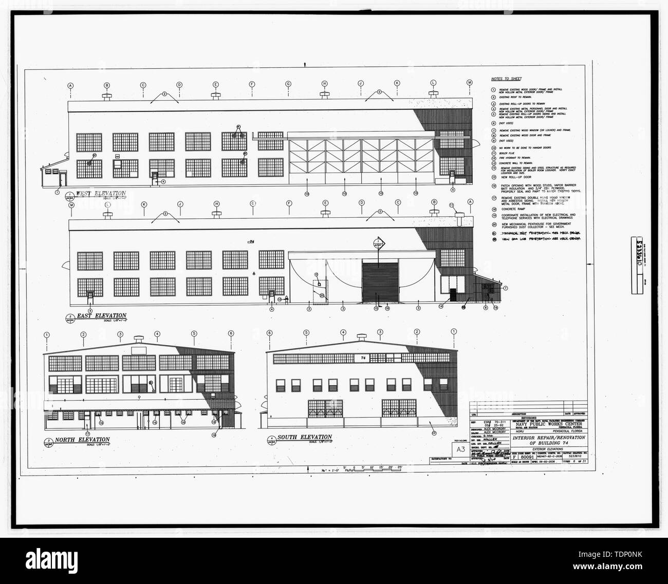 Kopie der Zeichnung (dieses Foto ist ein 8 x 10 Kopieren eines 8 x 10 Negativ; 1992 ursprüngliche architektonische Zeichnung in Gebäude Nr. 458 entfernt, NAS Pensacola, Florida) INNENRAUM REPARATUR - Sanierung der Gebäude Nr. 74, Stoßfänger hochheben, Blatt 6 von 31 U.S. Naval Air Station, Wasserflugzeug Hangar, 521 South Avenue, Pensacola, Escambia County, FL Stockfoto