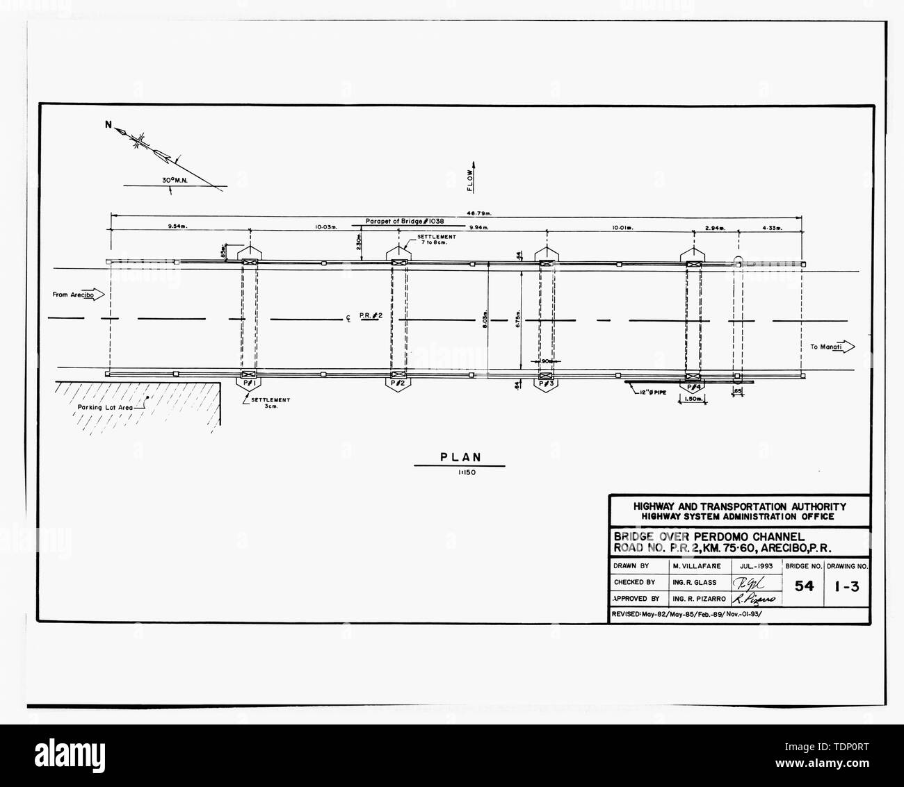 Kopie der Zeichnung (dieses Foto ist eine 8'' x 10'' Kontakt Drucken; November 1, 1993 Revision eines Mai, 1982 als integrierte Zeichnung von M. Villafane, im Besitz der Highway System Administration Office der Puerto Rico Autobahn und Transport Authority) Brücke über Perdomo Kanal, Straße Nr. S.R.2, Km. 75.60, Arecibo, VR-Nr. 1 von 3. - Puente del Caño Perdomo, Route PR-2 spanning Cano Perdomo Kanal, Arecibo, Arecibo Municipio, PR; Nones, Rafael; Gonzalez, Adriano; Arqueologia industrielle Caribena, Auftragnehmer; Calloway, Deborah, Sender; Mendez-Caratini, Hector, Fotograf; Pumarada Stockfoto