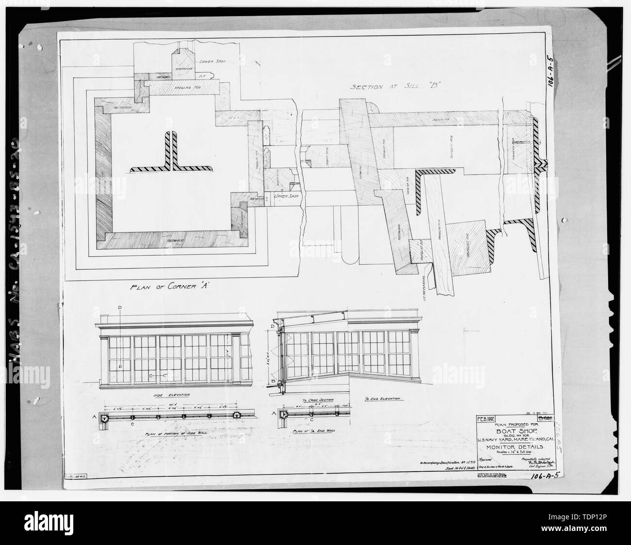 Kopie der Zeichnung an National Archives, San Bruno, Kalifornien (Marine - 106-A-5). Plan für Boot shop Gebäude Nr. vorgeschlagen 106 US Navy Yard Mare Island, Cal Details von Mörtel Details; Februar 1902. - Mare Island Naval Shipyard, Boot Shop, California Avenue, West Side zwischen dem neunten und zehnten Straßen, Vallejo, Solano County, CA Stockfoto
