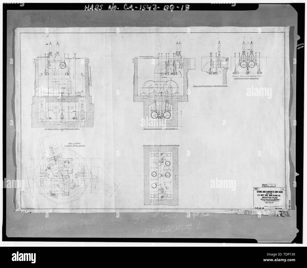 Kopie der Zeichnung an National Archives, San Bruno, Kalifornien (Marine - 110-A-2). Stein und Beton Trockendock für die US-Navy Yard, Mare Island, geänderten Plan, pump Werk; März 1903. - Mare Island Naval Shipyard, Pumpenhaus, California Avenue, East Side zwischen Dry Dock 1 und Dry Dock2, in der Nähe von Ninth Street, Vallejo, Solano County, CA Stockfoto