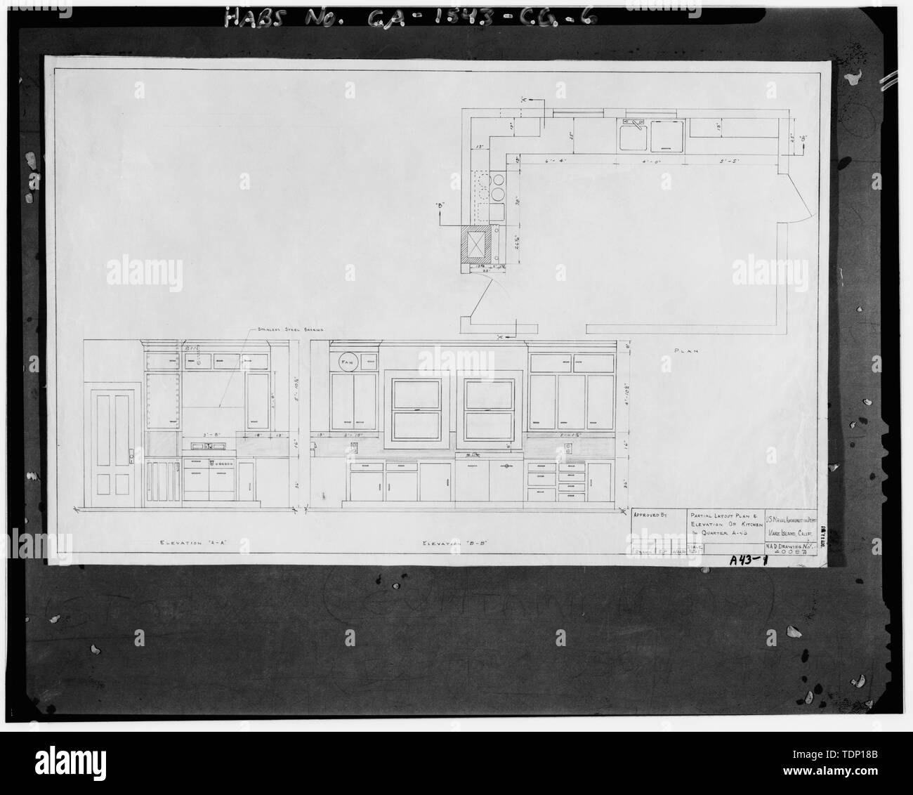 Kopie der Zeichnung an National Archives, San Bruno, Kalifornien (Navy-A 43-1). Teilweise Grundriss und Aufriss in der Küche; N.B. - Mare Island Naval Shipyard, Viertel 43, maseda Straße, cul-de-sac östlich der Kreuzung von Imhoff Straße, Vallejo, Solano County, CA Stockfoto