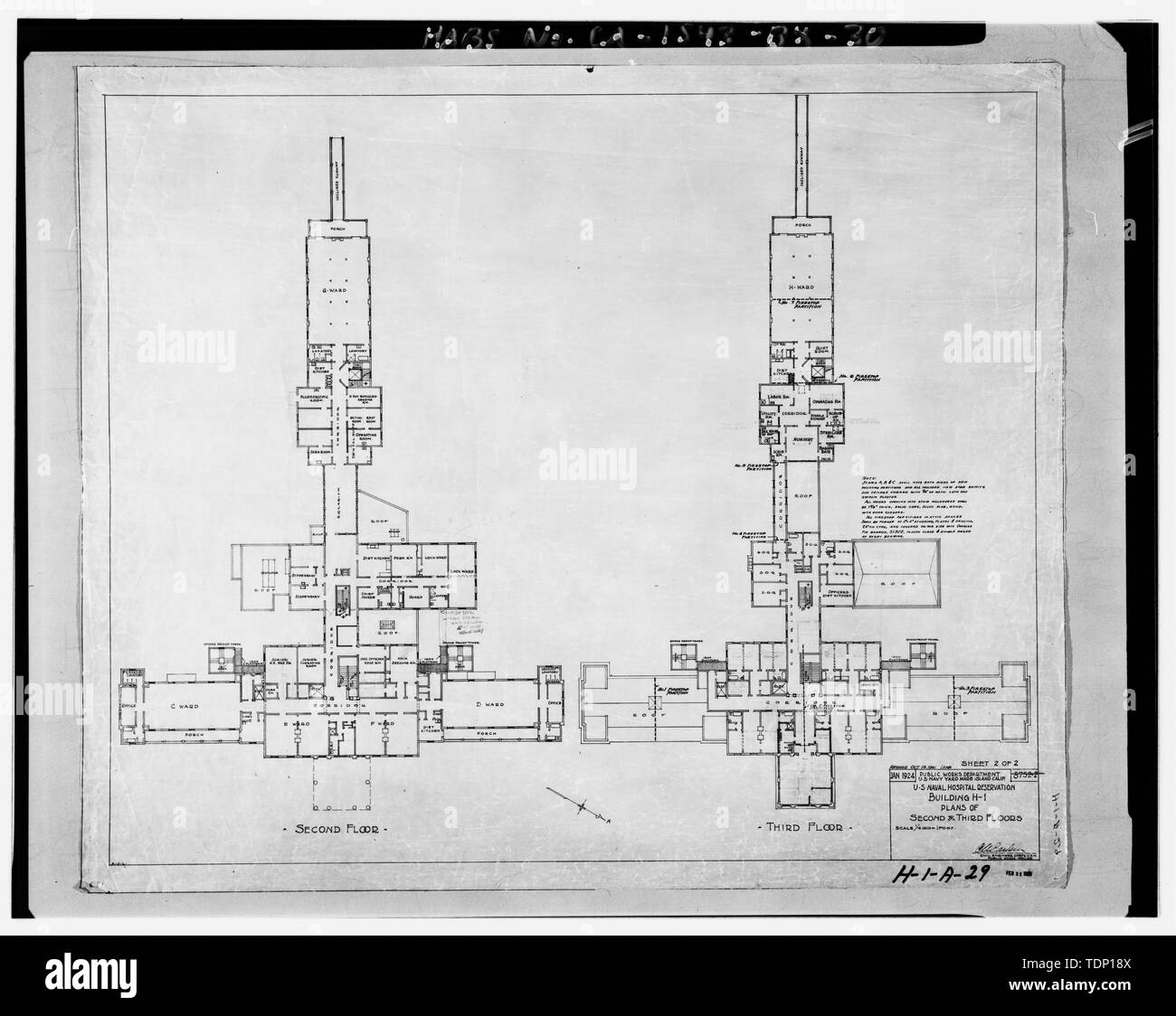 Kopie der Zeichnung an National Archives, San Bruno, Kalifornien (Navy-H-1-A-29). PW Abt. US Navy Yard Mare Insel Cal. U.S. Naval Hospital Wiederaufbau - Gebäude H-1-Pläne der 2. und 3. Etage, Januar, 1924. - Mare Island Naval Shipyard, Krankenhaus Sitz, Johnson Lane, West Side an der Kreuzung von Johnson Lane und Cossey Straße, Vallejo, Solano County, CA Stockfoto