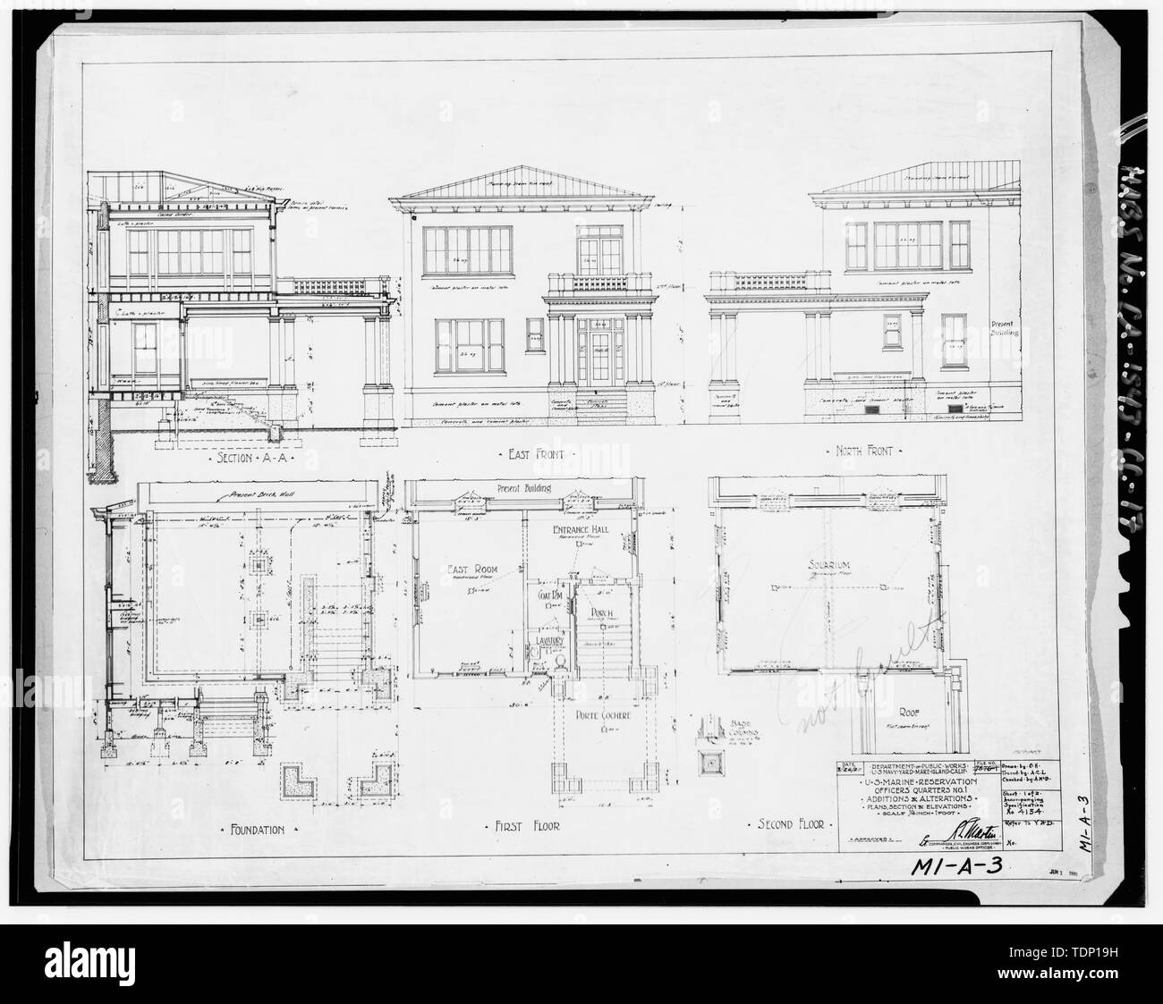 Kopie der Zeichnung an National Archives, San Bruno, Kalifornien (Marine - M1-A-3). Dept PW, US Navy Yard Mare Island, Calif. US-Marines Wiederaufbau Offiziere Viertel. 1 Ergänzungen und Änderungen, Pläne, Schnitte, Details, 26. März 1920. - Mare Island Naval Shipyard, Viertel M1, Preston Street, South Side angrenzend an der Marine Parade, Vallejo, Solano County, CA Stockfoto