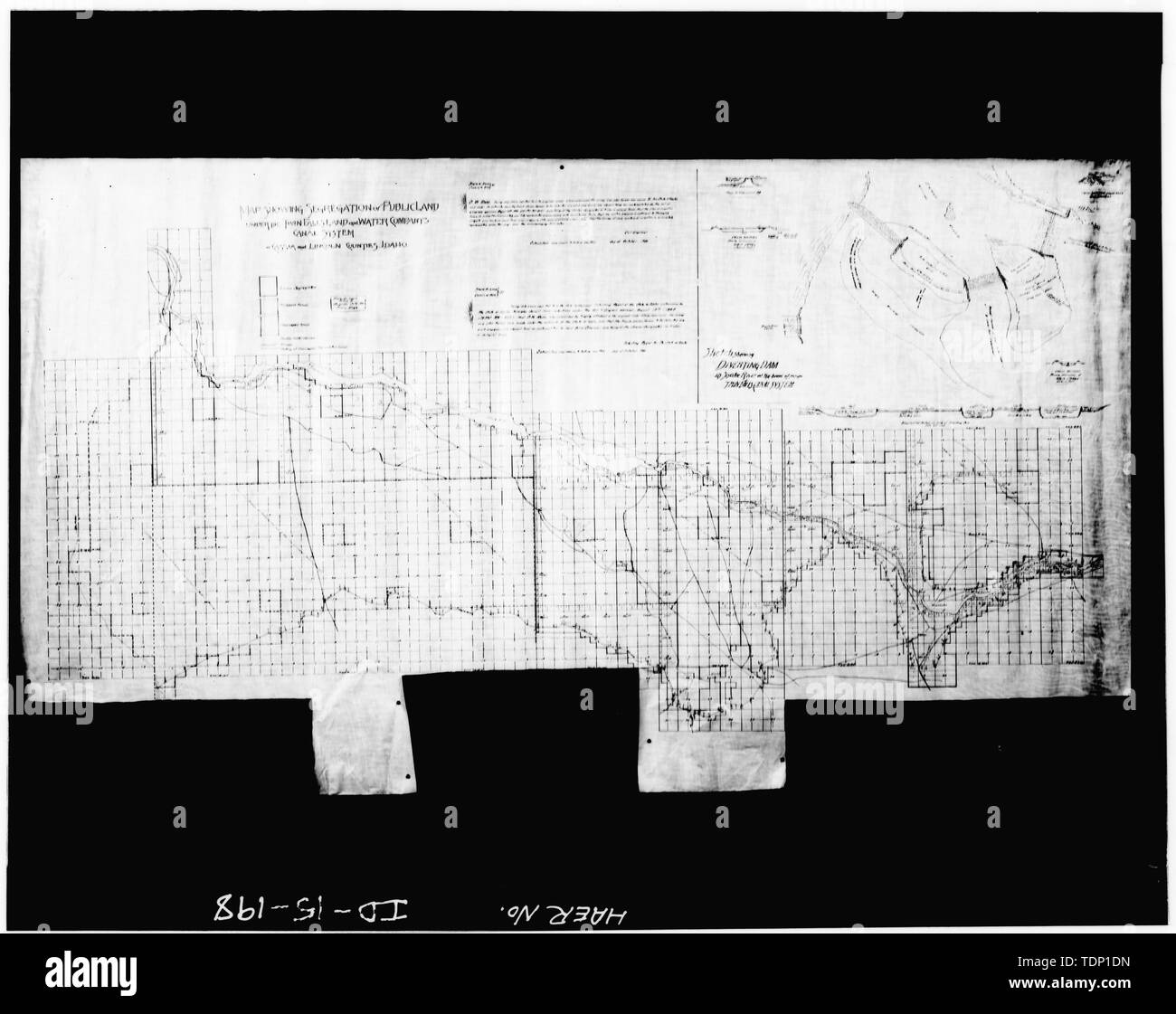 Kopie der Zeichnung, Twin Falls Canal Company, Datum unbekannt. Die Trennung von öffentlichem Grund, Lincoln und cassia Grafschaften; Karte. - Milner Dam und Main Kanal - Twin Falls Canal Company, am Snake River, 11 km westlich der Stadt von Burley, Idaho, Twin Falls, Twin Falls County, ID Stockfoto