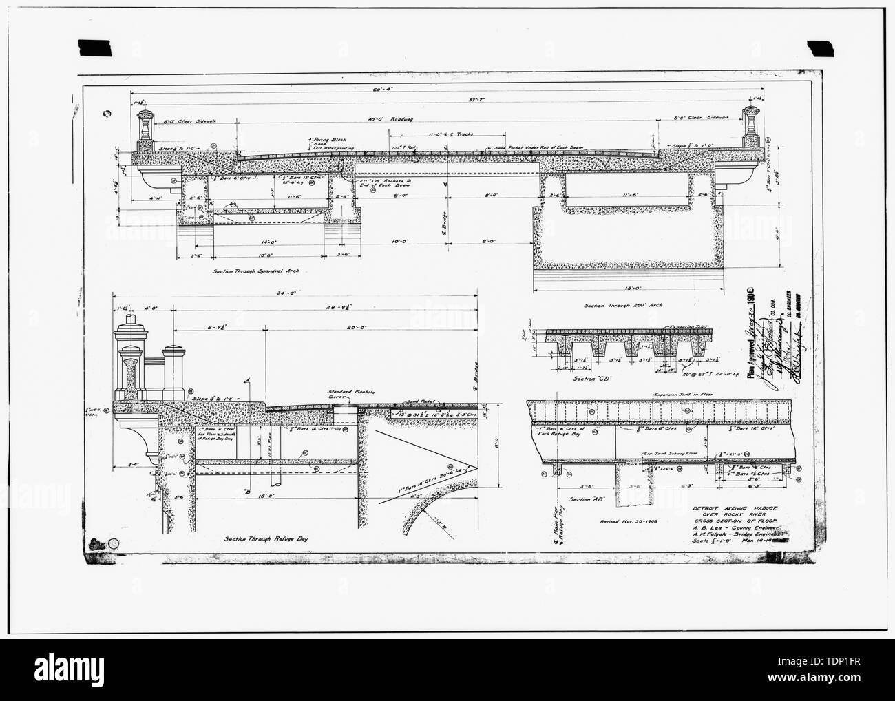 Fotokopie der technischen Zeichnung (Original im Büro des Cuyahoga County Ingenieur)-1908 DETROIT AVENUE VIADUKT ÜBER ROCKY RIVER - QUERSCHNITT - Rocky River Bridge, Spanning Biber-verdammung Fluss, Rocky River, Cuyahoga County, OH Stockfoto