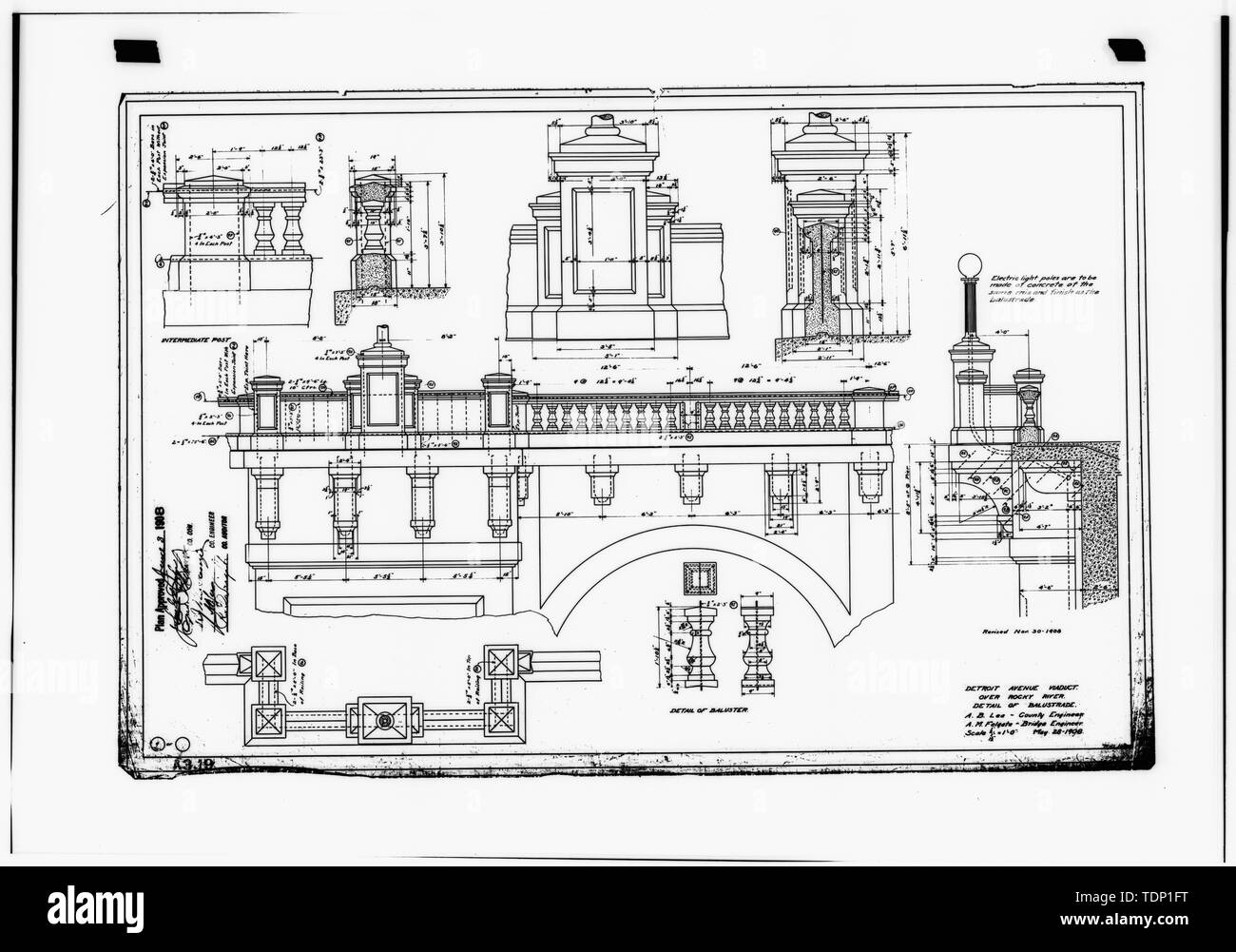Fotokopie der technischen Zeichnung (Original im Büro des Cuyahoga County Ingenieur)-1908 DETROIT AVENUE VIADUKT ÜBER ROCKY RIVER - Details der BALUSTRADE - Rocky River Bridge, Spanning Biber-verdammung Fluss, Rocky River, Cuyahoga County, OH Stockfoto