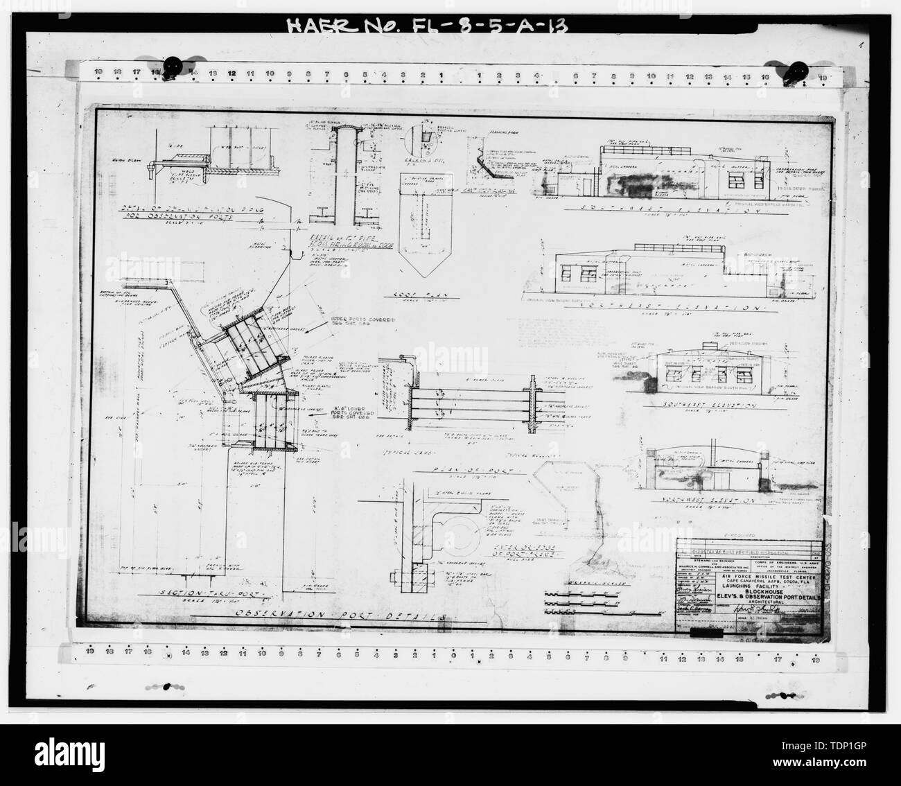 Fotokopie der technischen Zeichnung. Start FACILITY BLOCKHAUS - ERHEBUNGEN UND BEOBACHTUNG DETAILS ZUM HAFEN - Architektur-, 1964 (März 1954) gebilligt. - Cape Canaveral Air Station, Launch Complex 17, 28401, East End von Lighthouse Road, Cape Canaveral, Brevard County, FL Stockfoto