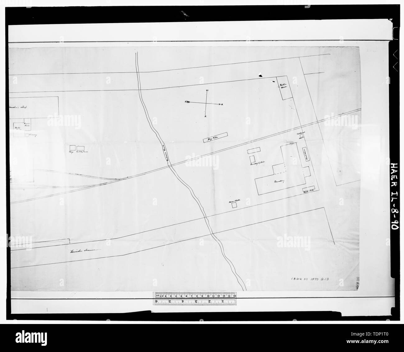 Fotokopie der Grundriss der CB und Q. R.R roundhouse und Lokomotive Geschäften. Juni 1980. - Chicago, Burlington und Quincy Railroad, Roundhouse und Geschäfte, Broadway und Spring Street, Aurora, Kane County, IL Stockfoto