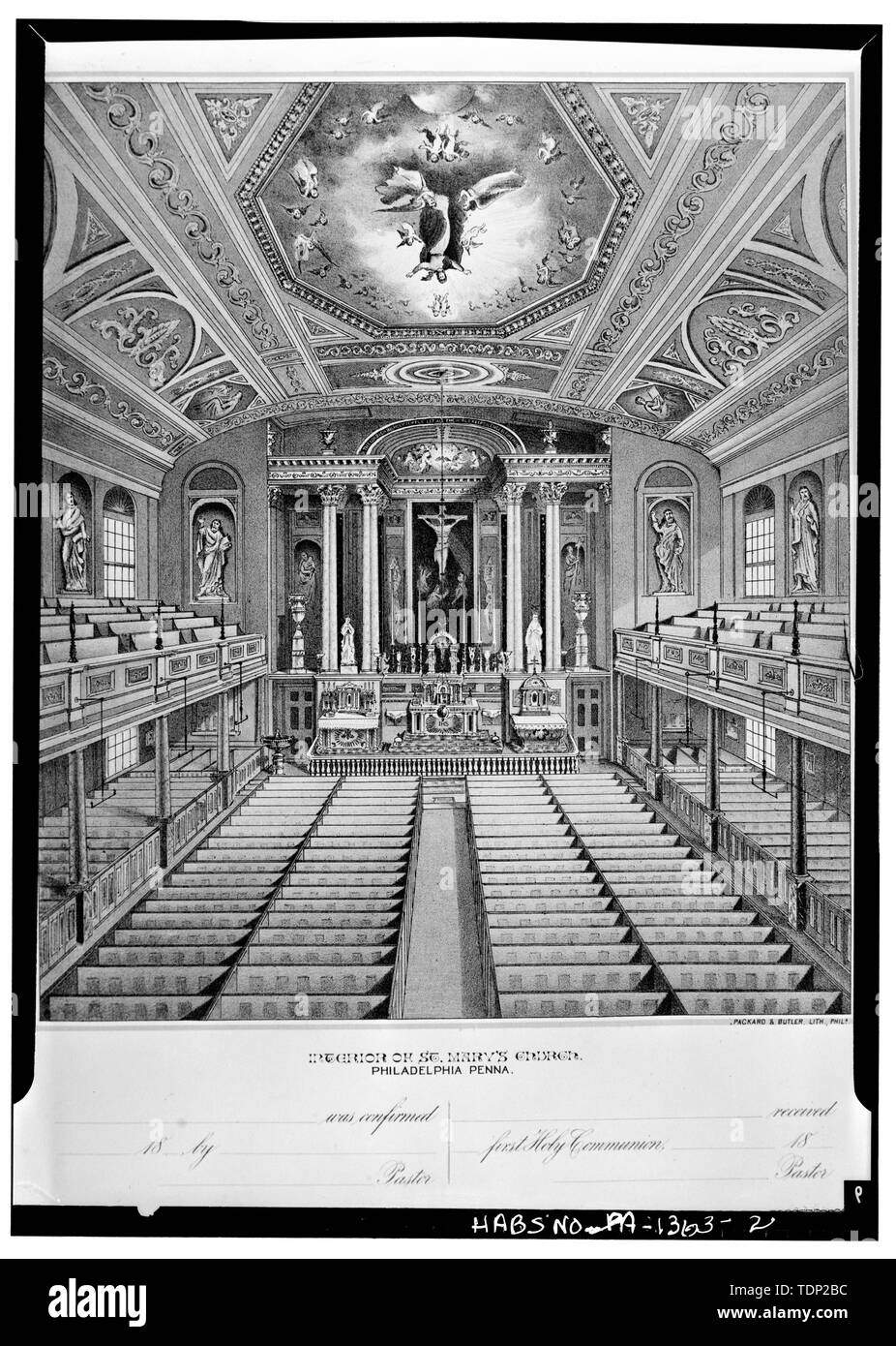 Fotokopie der Lithographie, Ca. 1880 (im Besitz der amerikanischen katholischen Historische Gesellschaft) Innenraum, ALLGEMEINE ANSICHT DER ALTAR, Balkone, Bänke - St. Mary's Römisch-katholische Kirche, 244 South Fourth Street, Philadelphia, Philadelphia County, PA Stockfoto