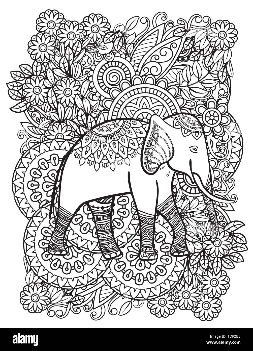 Ethnische Elefant line Art Vector Illustration. Orientalische Muster mit Blumen und Mandalas. Hand Vector Illustration gezeichnet. Färbung Seite für Erwachsene Malbuch. Stock Vektor