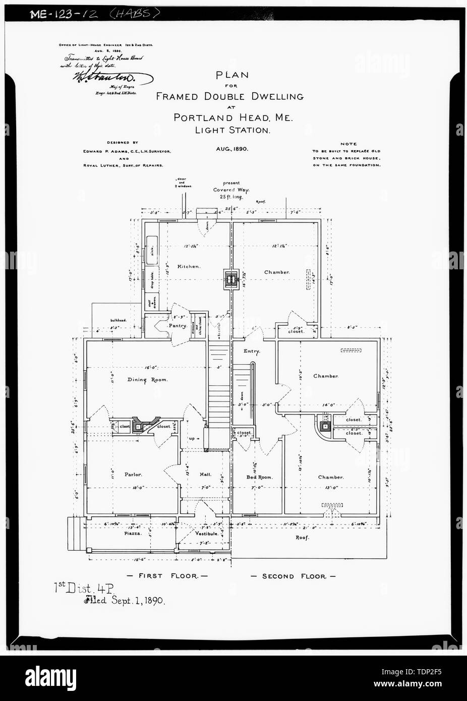 Fotokopie des gemessenen Zeichnung (aus der ersten Küstenwache District Office, John F. Kennedy Federal Building, Government Center, Boston, Massachusetts), entworfen von Edward S. Adams und Royal Luther, PLAN 1890 FÜR GERAHMTE DOPPEL WOHNUNG AN DER PORTLAND HEAD, Mich., LICHT STATION - Portland Head Light Portland Head, ca. 1-2 km östlich von Shore Road, Cape Elizabeth, Cumberland County, Mich; der U.S. Coast Guard; Nichols, John; Bryant, Jonathan; Longfellow, Henry Wadsworth, Dana, Sally Field Team; Goiran, Philip, Feld Mannschaft; Baldwin, Jennifer, Sender; Boucher, Jack E, Fotograf; Kingsbury, Martha Stockfoto