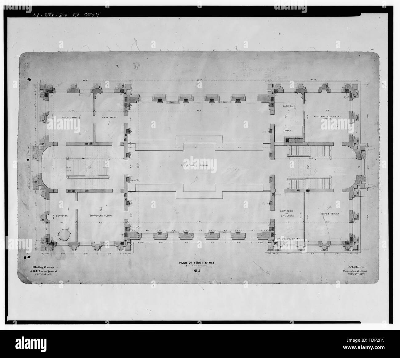 Fotokopie des gemessenen Zeichnung (National Archives) A. B. Mullett, Architekt Ca. 1868 "AKTIONSPLAN ZUR ERSTEN GESCHICHTE. Nr. 3'-US Customs House, 312 Fore Street, Portland, Cumberland County, Mich; US-Finanzministerium; Meeräsche, A B; Oertly, B; Kingsbury, Henry; Sargent, E C; Boucher, Jack E; Kingsbury, Martha; Reeves, F Blair Stockfoto