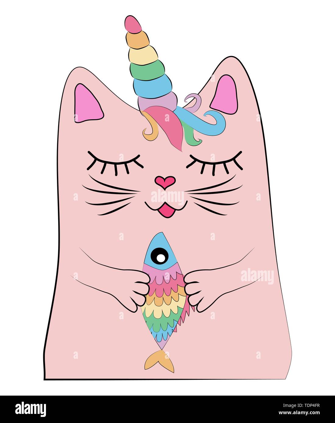 Cat Einhorn mit einem Regenbogen Fische in die Pfoten, Druck, Design Stock Vektor