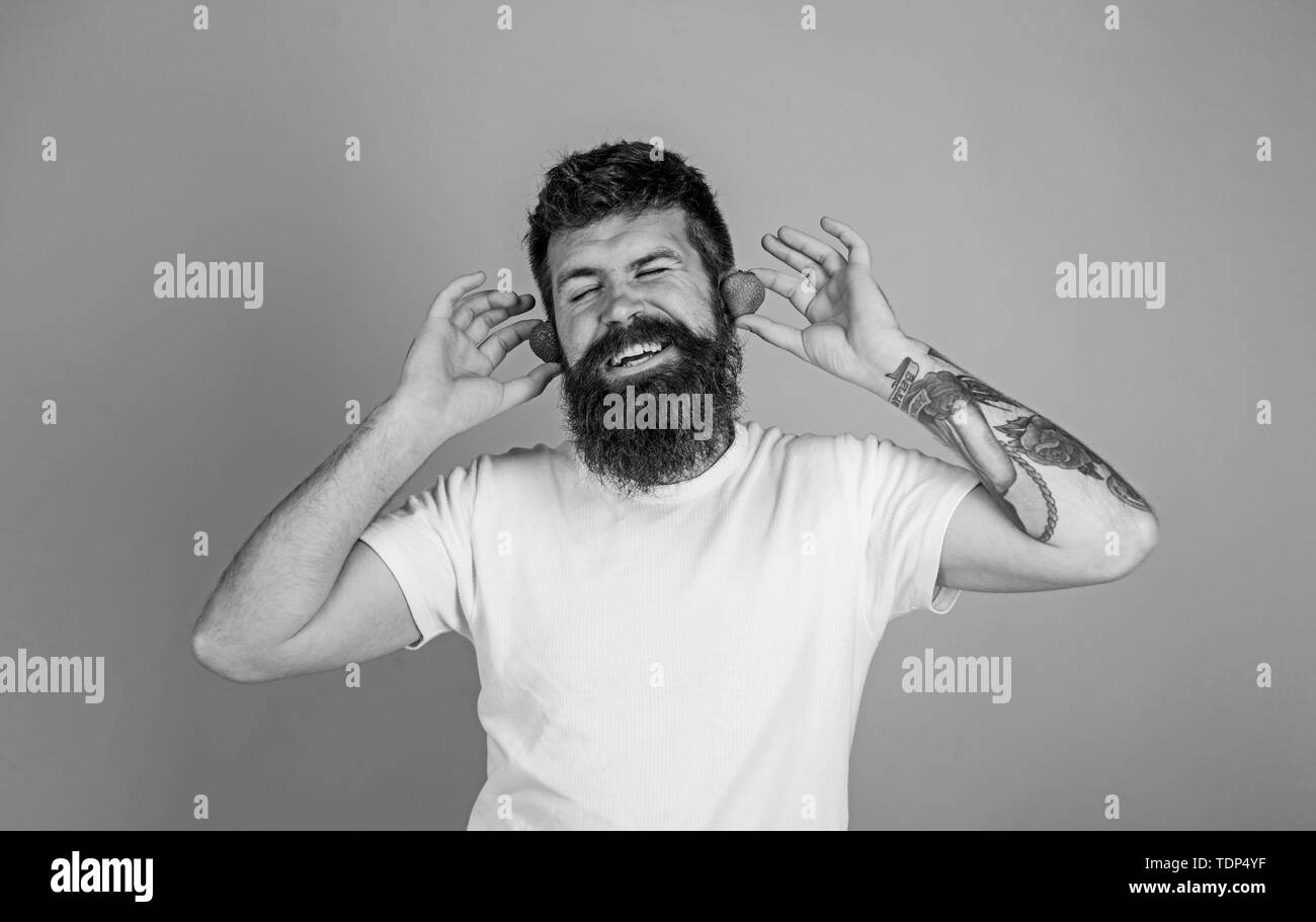 Man bärtige Hipster rote reife Erdbeere Ohren als Kopfhörer. Sommer hit Konzept. Hipster Bart hören Musik Erdbeere Ohrhörer. Sommer playlist Musik. Guy genießen saftige sound Sommer hit Musik. Stockfoto