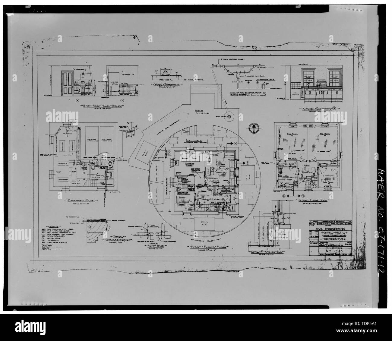 Foto Kopie der Zeichnung, 5. Mai 1930. PENFIELD REEF L-S MODERNISIERUNG. Zeichnung Nr. NY-1393, der U.S. Coast Guard Civil Engineering Unit, Warwick, Rhode Island. - Penfield Riff Lighthouse, Long Island Sound, Bridgeport, Fairfield County, CT Stockfoto